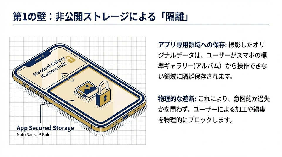 第1の壁：非公開ストレージによる「隔離」の図解説明。スマホの標準ギャラリーから隔離された専用領域にデータを保存し、改ざんを防止するプロセスのイメージ。